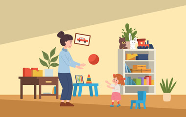 Vector illustration of Nanny or mother plays ball with child, girl in a room with a table and a bookcase, Babysitter services