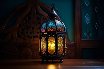 Mosaic lantern with a spectrum of light, creating a warm ambiance.
