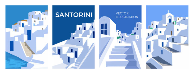 Street view of Traditional Santorini Greece architecture, white houses, arcs, stairs. Flat style, minimalistic. Vertical Orientation. Vector illustration set for covers, prints, posters - obrazy, fototapety, plakaty