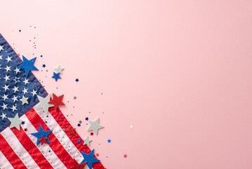 Obraz premium Flag Day USA theme. Top view of symbolic party accessories, sparkling stars, vibrant confetti, and flag of the nation on pastel pink background with an open space for text or advertising