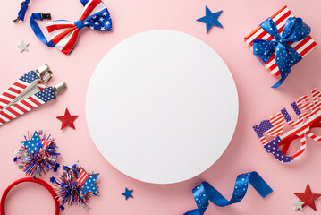 Join the patriotic party! Top view of symbolic accessories: glittery stars, headband, party eyeglasses, bow-tie, suspenders, giftbox, against pastel pink backdrop with empty circle for text or adverts