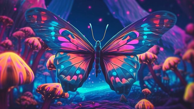 Psychedelic Trippy Butterfly Cartoon 70s, Rave Style, Acid Color. Retrowave Concept. Ai Generative