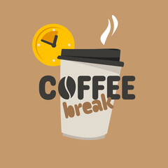 Hot coffee in a paper disposable cup with a lid and a clock. Time for a coffee break. The concept of a banner for a cafe, catering establishments.