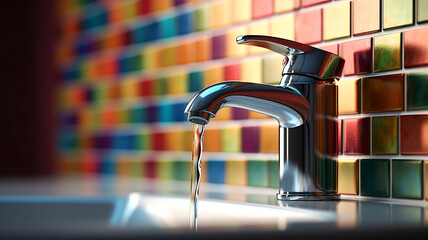 Bathroom design fragment, water faucet and ceramic tiles, multicolor, colors of the rainbow, close-up