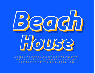 Vector bright Sign Beach House. Stylish Blue 3D Font. Creative Alphabet Letters and Numbers set
