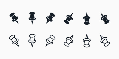 Black push pin icon set in different directions. Pin for fastening filled and linear vector icons. 