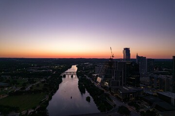 Fototapeta na wymiar Drone shot of Austin cityscape at dusk in Texas