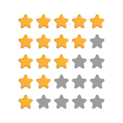 Five stars glossy yellow color with highlights and shadows customer rating from five star rating to one star. Five-digit rating by stars for website. Stars in 3D cartoon style.