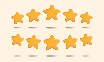 Obraz premium Realistic five stars glossy yellow color with highlights and shadows in position of the top and bottom arch. Stars for rating on website concept design. 3D stars cartoon style