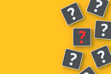 Fridge magnet with question symbols. Correct answer. Incorrect question. Faq and support. Problem solution concept. Dubious decision. Search for information. Top view. Copy space. 3d render