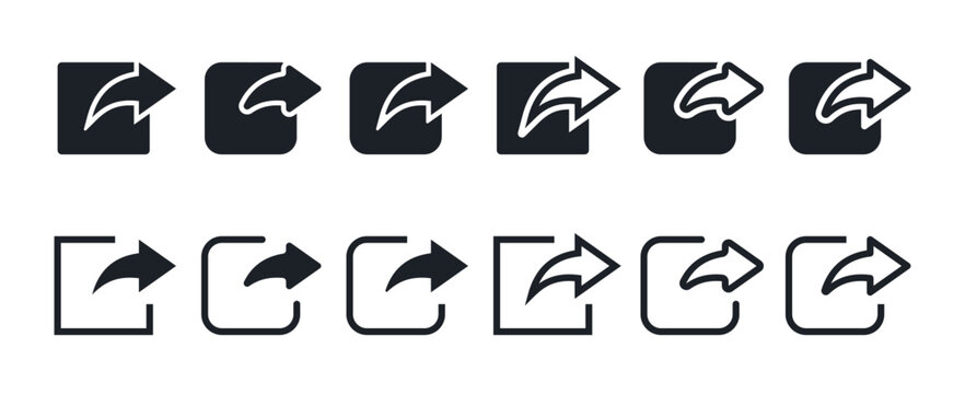 Share icon set with round and pointed ends. Share, repost filled and linear vector icons.