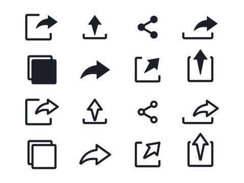 Share icon set with different arrow directions and styles. Share, send to, repost icons. Filled and linear vector icons.