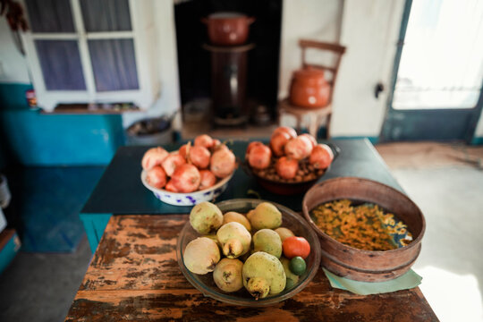 Rustic table with fruits in a rural house