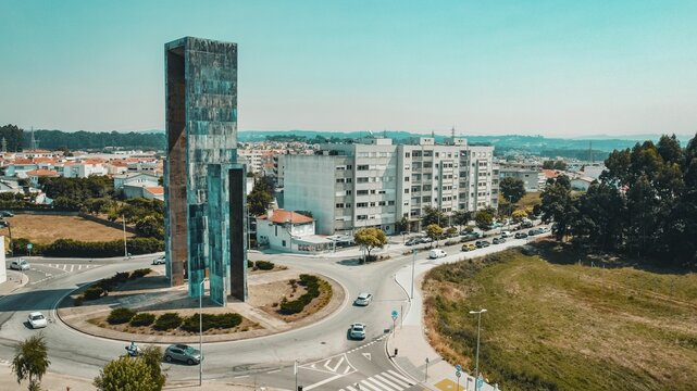 Cidade da Maia, Porto, Portugal - 2022: Portas da Maia roudabo monument.