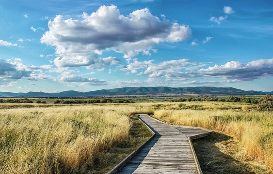 Wooden footbridge through brown grass under blue cloudy sky in a national park in Spain