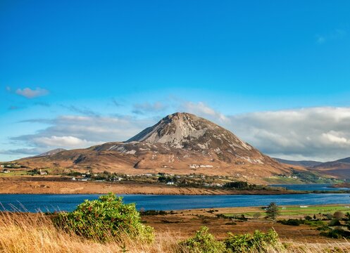Scenic view of the Errigal mountain seen on a bright sunny day