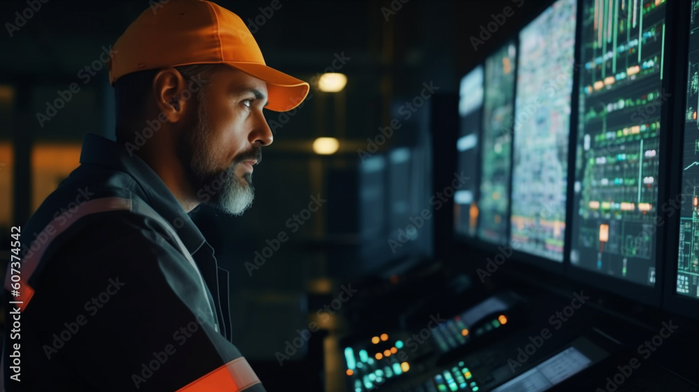 Wall mural engineer man in safety helmet and uniforms on big screen monitor computer working control machine in