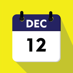 icon isolated on white, calendar with a date, new calender, 12 december icon with yellow background