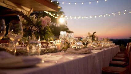 Close up decoration flowers candles Boho style. Romantic wedding reception party outdoor.