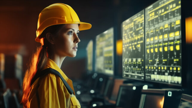 engineer woman in safety helmet and uniforms on Big Screen monitor computer working control machine in factory, Generative AI