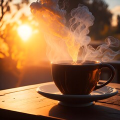 a cup full of hot coffee steaming at sunset  cafe ambient created by Generative AI.