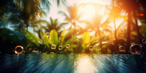 Tropical landscape with pool and palm trees in the sunlight, sunshine water drops, blurred summer tropical nature background. Generative ai illustration