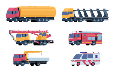 Set of different trucks and vehicles of special purpose. Vector illustration.