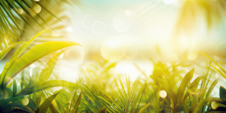 Summer sea landscape with palm trees leaves in the sunlight, blurred tropical nature background. Generative ai illustration