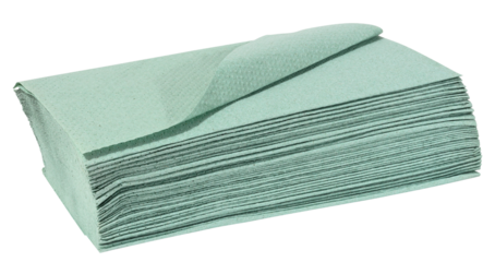 Stack of disposable green paper tissues for face and hands isolated on white background