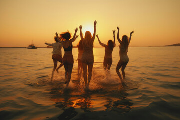 Fototapeta premium Oceanic Bliss: Women Exuberantly Jumping at Sunset. Generative AI