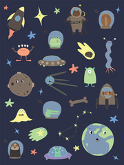 Colorful vector hand drawn doodle cartoon set of space objects and symbols