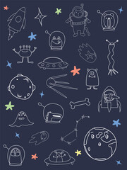 contour vector hand drawn doodle cartoon set of space objects and symbols