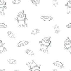 Space Seamless Pattern in childish hand-drawn style. vector seamless pattern with rocket, planets, shooting star,comets, etc.