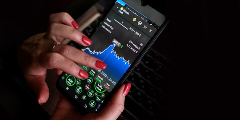 Women's hands are holding a smartphone. A woman looks at the cryptocurrency stock market on a smartphone screen. stock market concept