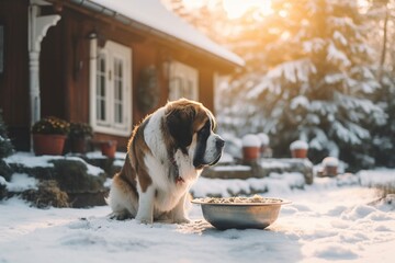 Saint Bernard dog is lying next to the bowl of food in the backyard covered with snow on a sunny day.