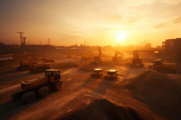 Construction Site Bathed in Sunset Glow. Generative AI