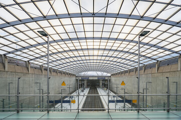 Cologne, Germany - 27. January 2023: Interioer of the modern Trainstation of the Airport Cologne and Bonn