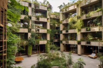 Fototapeta na wymiar eco-friendly hotel features reuse, recycle and repurpose elements in its design, created with generative ai