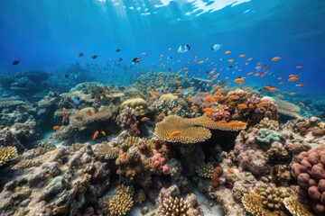 coral reef with schools of colorful fish swimming among the corals and marine life, created with generative ai