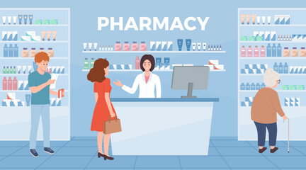 Pharmacy interior with people choosing medicaments flat style