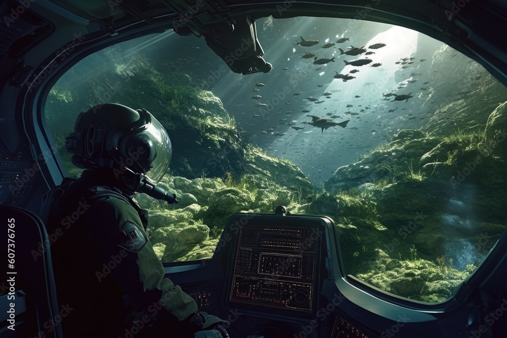 Wall mural alien piloting high-tech spacecraft, commuting to distant colony, created with generative ai