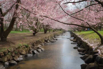 Fototapeta premium cherry blossom grove, with soft pink blooms and babbling brook in the background, created with generative ai