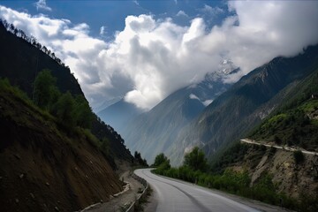 majestic mountain range seen from winding road, with clouds hovering above, created with generative ai