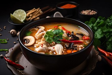 bowl of tom yam soup with extra ingredients for added flavor and texture, created with generative ai