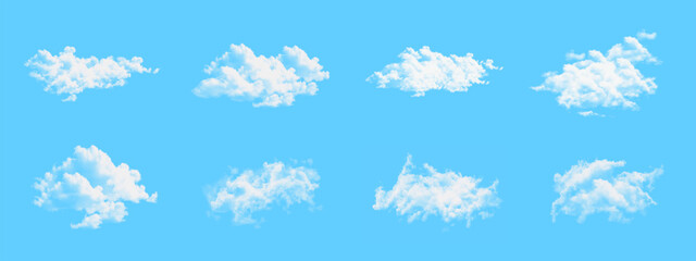 Set of white clouds isolated on blue background. White cloudiness, mist or smog background. Collection of different clouds.