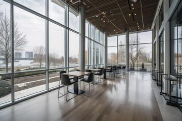 renovated office building with modern interior and exterior design, featuring floor-to-ceiling windows and sleek furnishings, created with generative ai