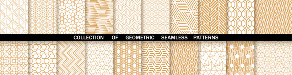 Geometric set of seamless gold and white patterns. Simpless vector graphics