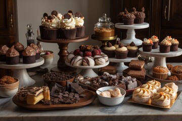 a cake stand with multiple chocolate desserts, including cupcakes, truffles, and brownies, created with generative ai