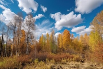 Fototapeta na wymiar autumn forest with clear blue sky and fluffy clouds, created with generative ai