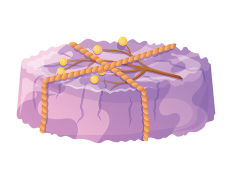 recommend clip art: A bar of round handmade purple natural soap, decorated with a branch with berries, tied with a rope. Vector isolated cartoon hygiene product.